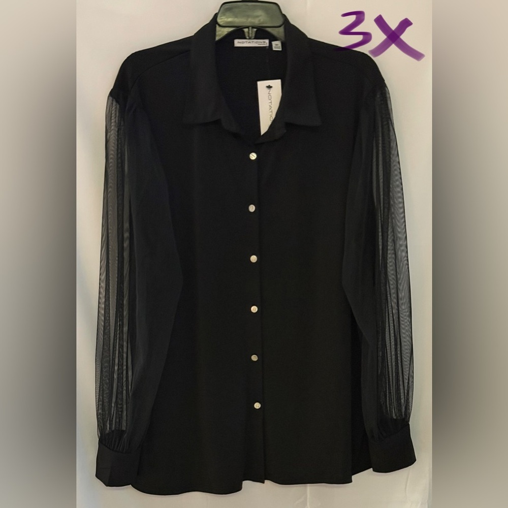 Notations Black Button Down Shirt with Sheer Sleeves